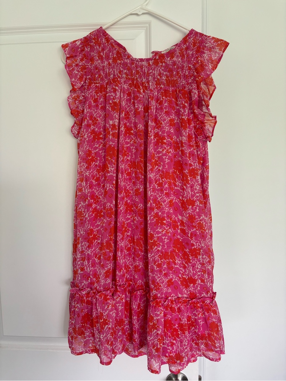 UMGEE Hot Pink Smocked Detail Floral Metallic Ruffle Cap Sleeve Dress Size S